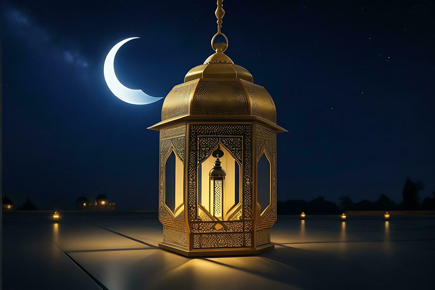 ai generado Arábica linterna con ardiente vela brillante a noche para musulmán santo mes Ramadán kareem foto