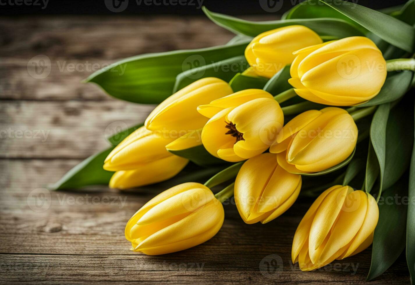AI generated Bouquet of yellow tulips with ribbon on a wooden table. photo