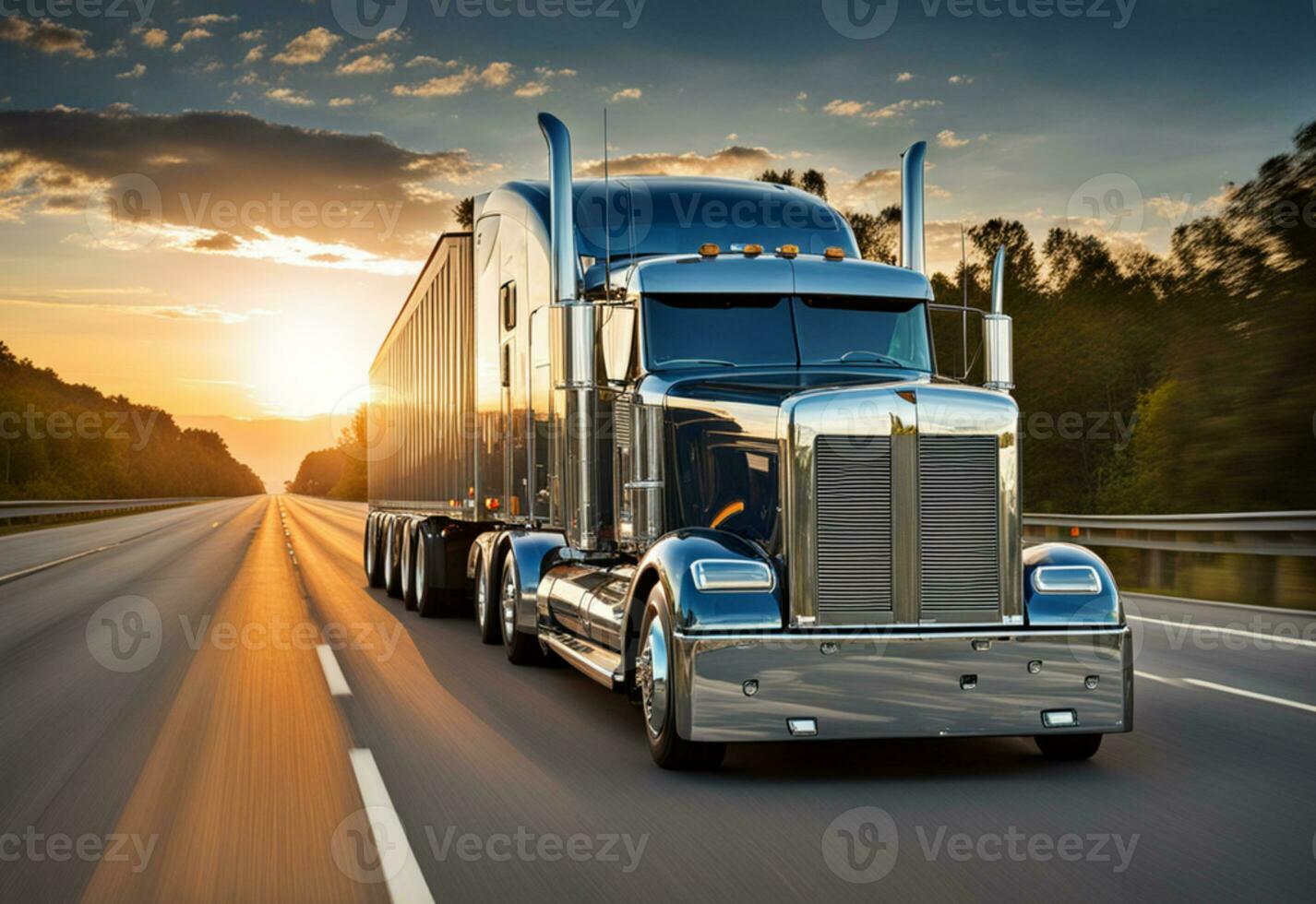 AI generated American style truck on the freeway, highway pulling cargo, movement. Transport concept photo