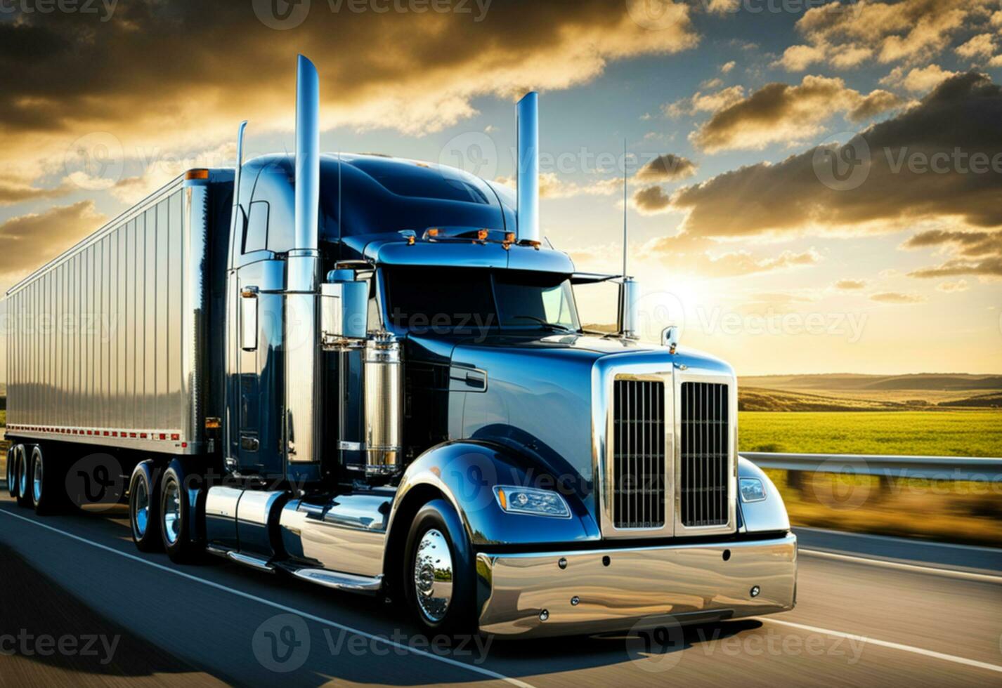 AI generated American style truck on the freeway, highway pulling cargo, movement. Transport concept photo