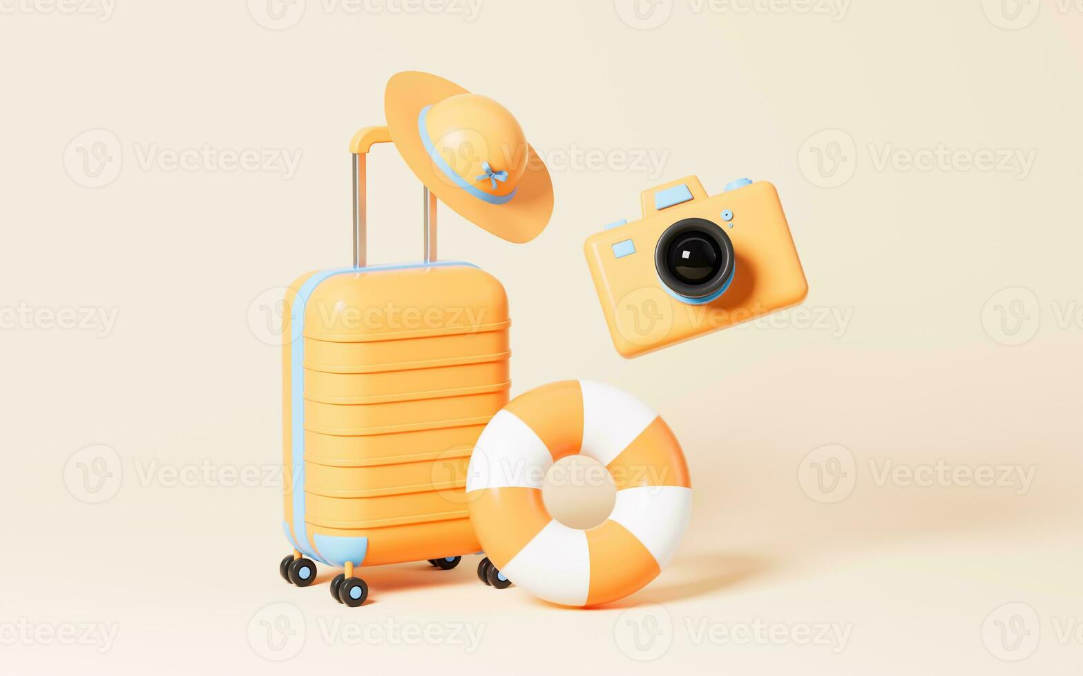 equipaje y cámara en el amarillo fondo, 3d representación. foto