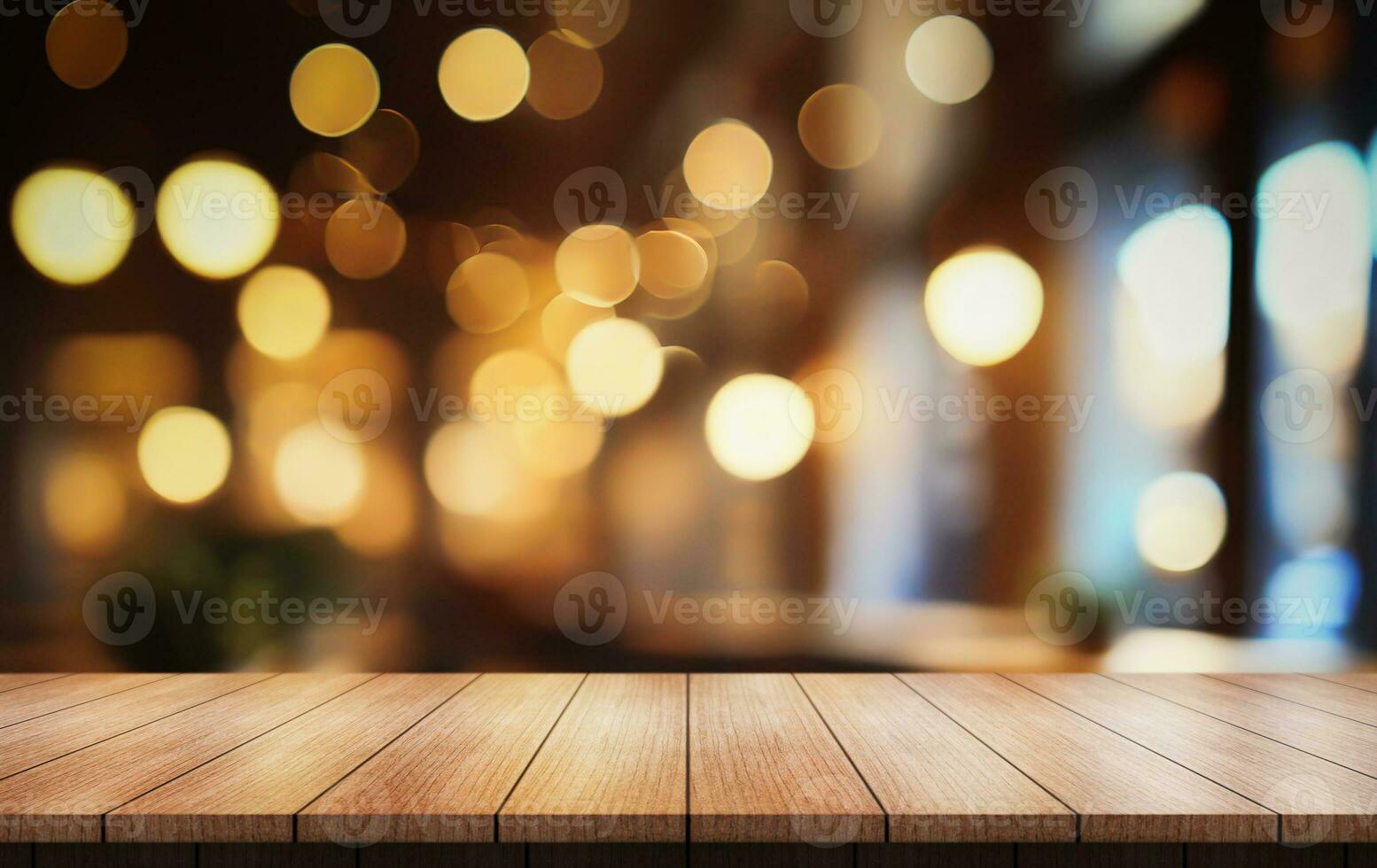 Empty wooden table top with lights bokeh on blur restaurant background. photo