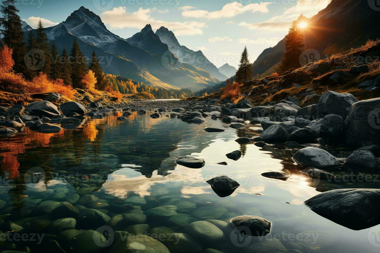 AI generated a mountain range with a river in the foreground and an orange sky. The mountains are covered in snow and the river is perfectly still, creating a mirror-like reflection of the mountain photo