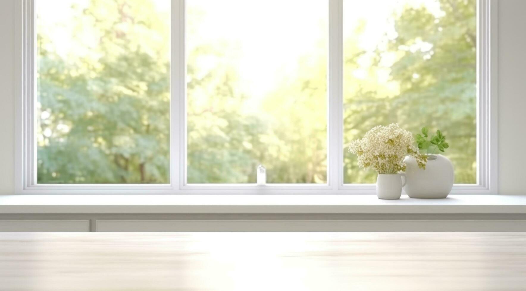 AI generated full view of white kitchen table and windows white kitchen photo