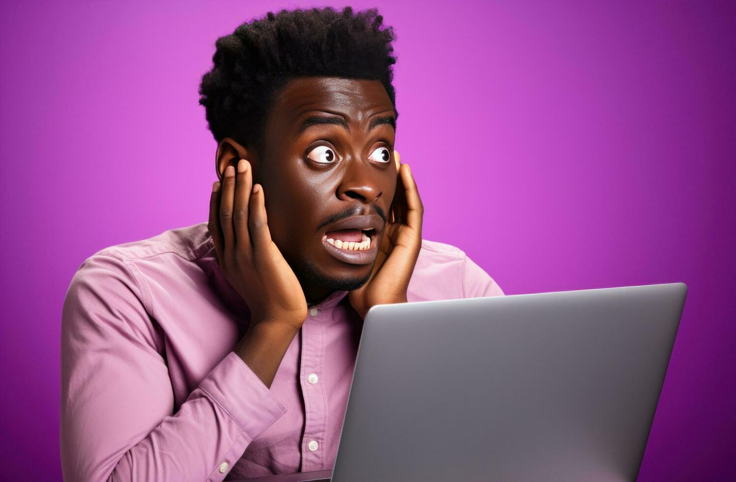 AI generated human being looking at laptop holding up in front of purple background that appears on a pink, photo