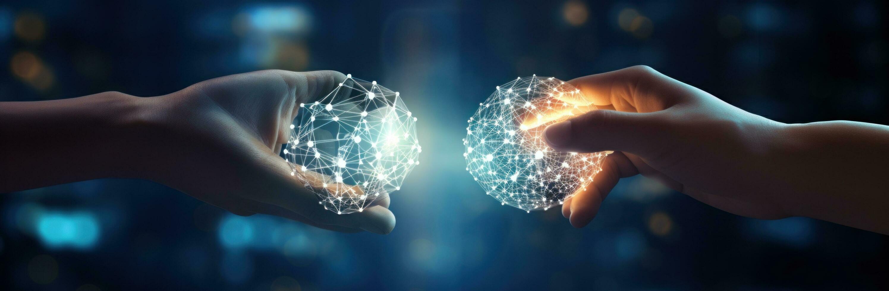 AI generated image of an hand holding another hand and showing an light bulb, photo