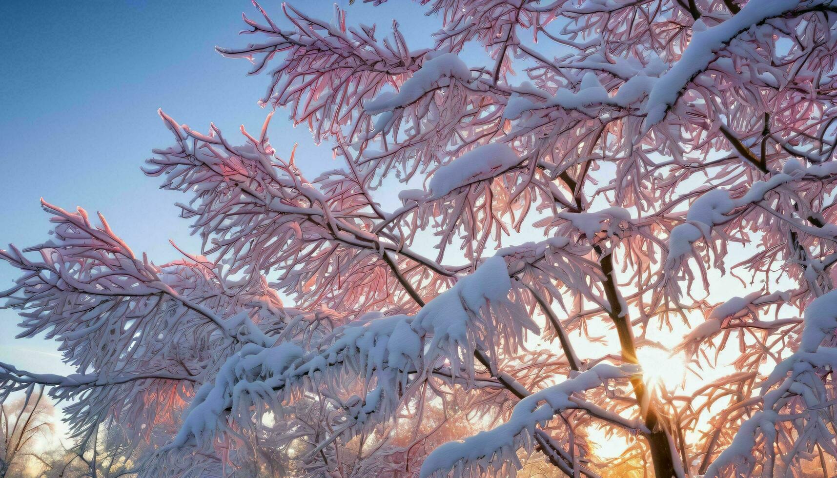AI generated Snow Covered Tree with Sunrise in Backdrop photo