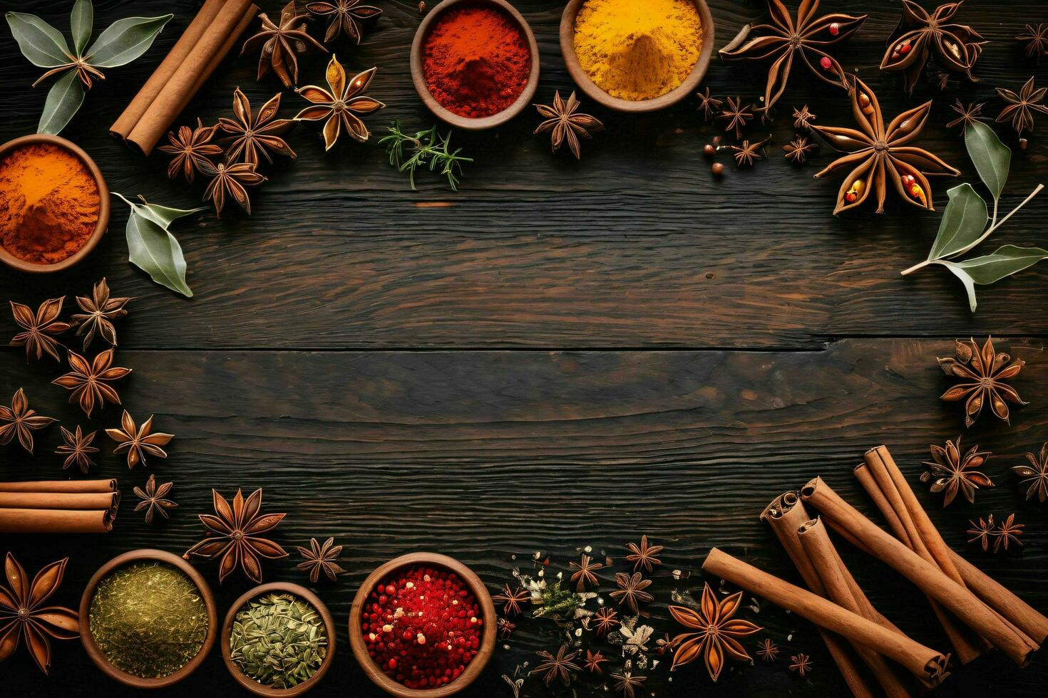 AI generated Tabletop Display of Culinary Spices and Herbs photo