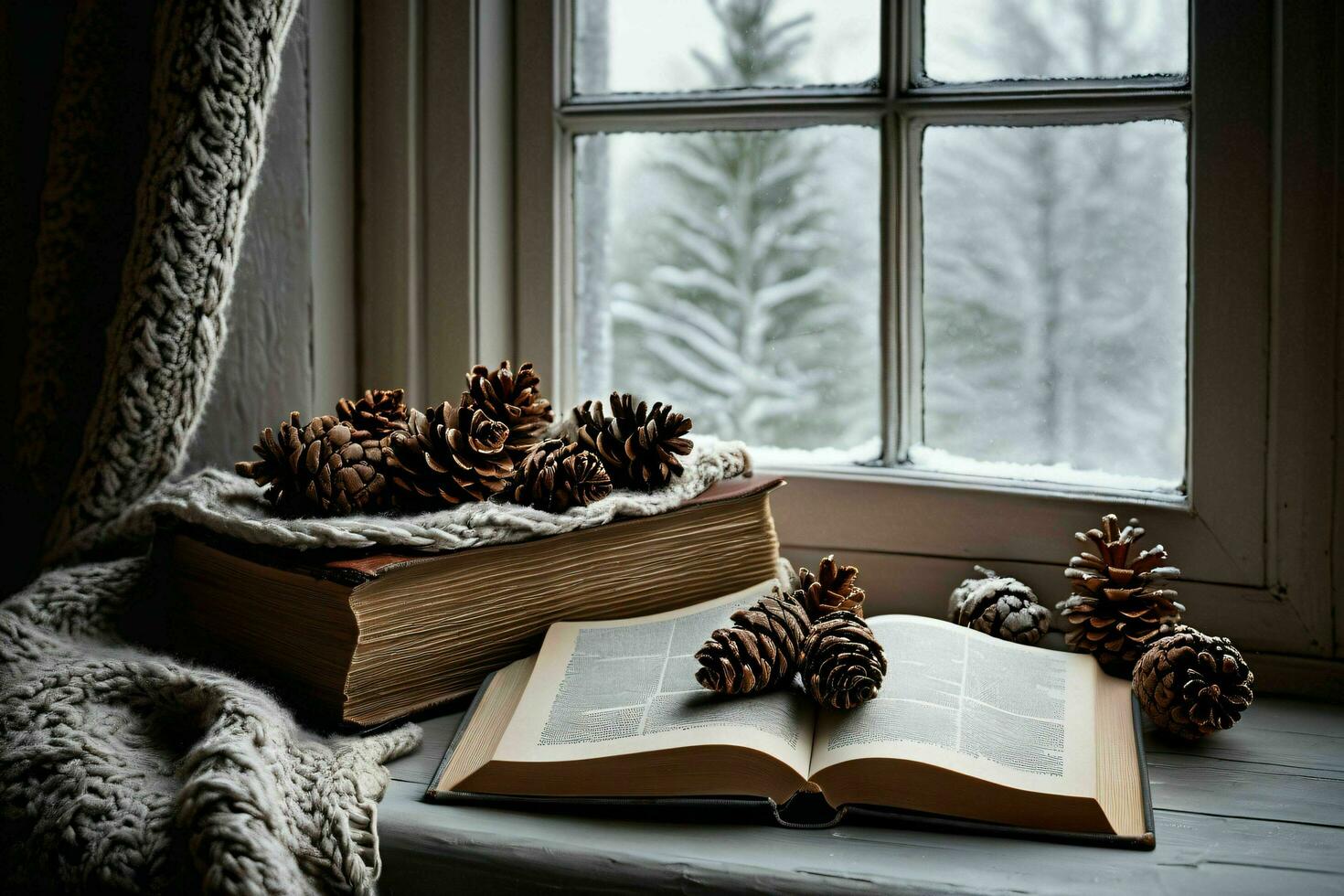 AI generated Winter Window Sill with Book and Pine cones photo