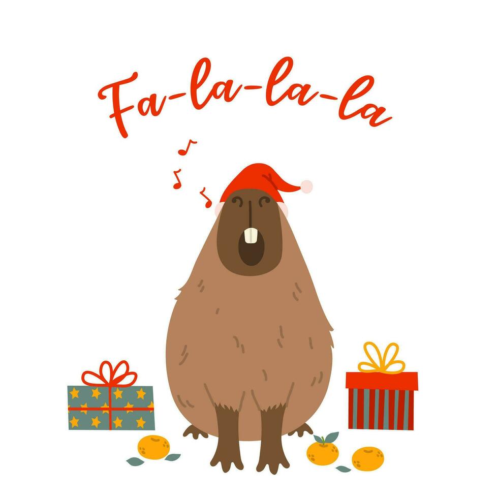 Winter square festive card on white background. Capybara, gift boxes, red hat, musical notes, tangerines and text Fa la la la. Hand drawn flat vector style. Holiday seasonal decoration.