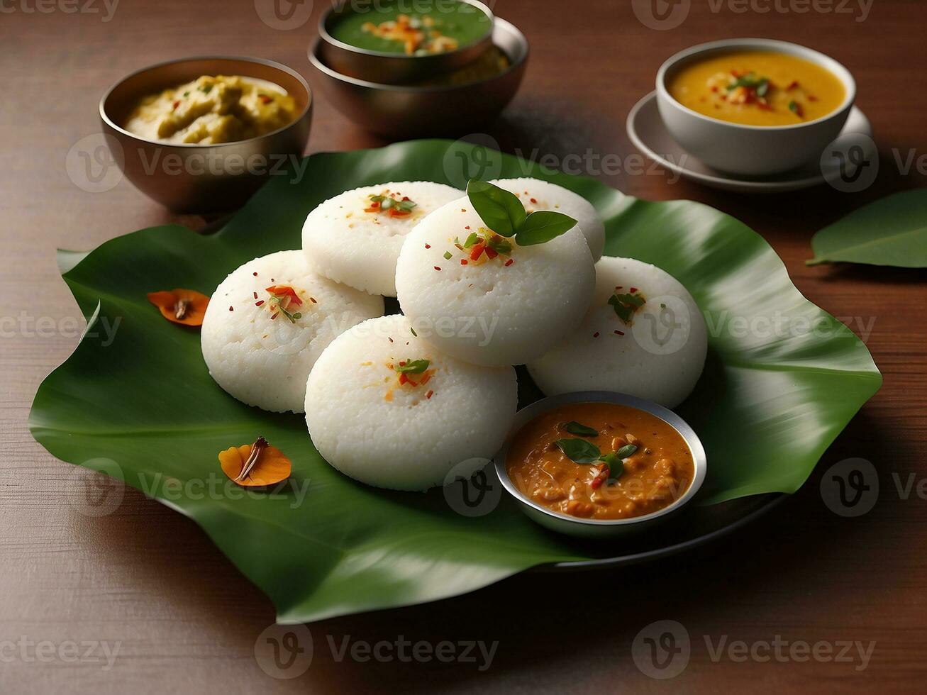 AI generated idli with sambar coconut chutney and kara chutney served in a banana leaf photo