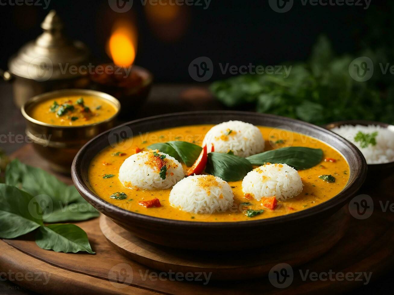 ai generado ociosamente sambar o Idli con sambhar y verde, rojo chatney. popular sur indio desayuno foto