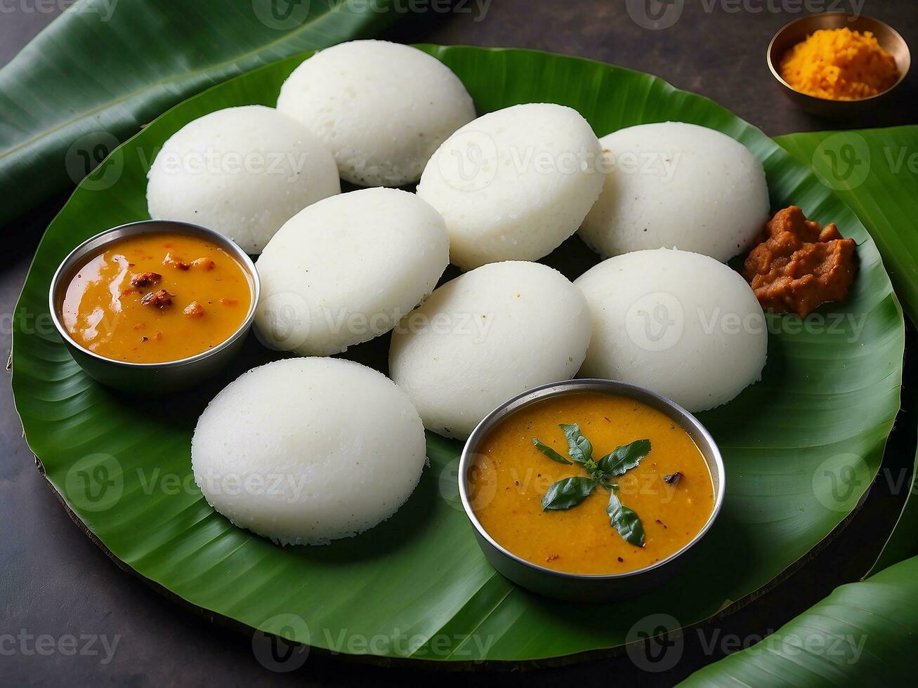 AI generated idli with sambar coconut chutney and kara chutney served in a banana leaf photo