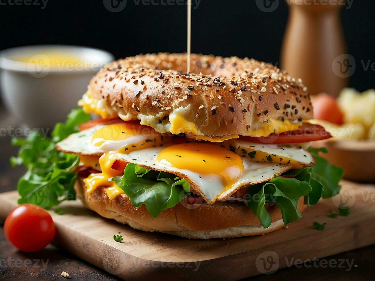 AI generated Bagel sandwich with fresh chicken ham for breakfast photo