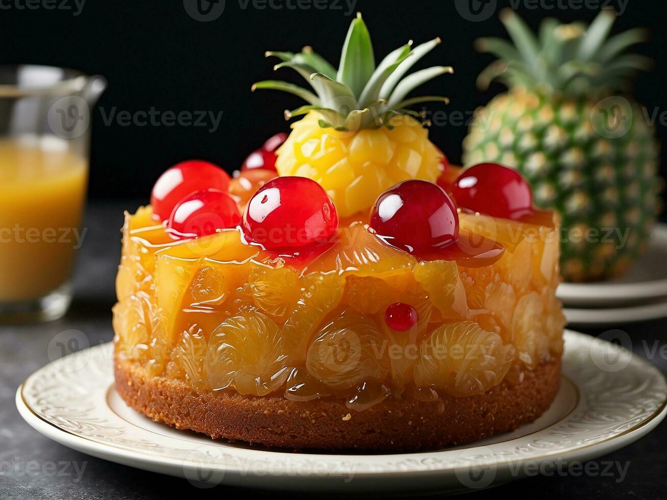 AI generated Close up of pineapple upside down cake served on plate photo