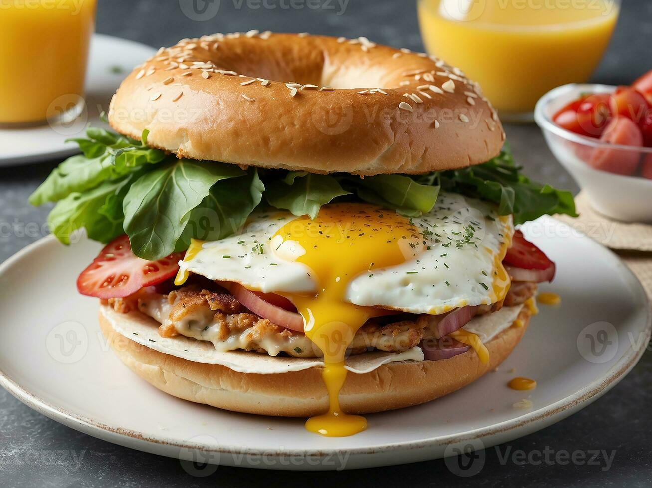 AI generated Bagel, Bacon, Sausage and Egg Breakfast Sandwich photo