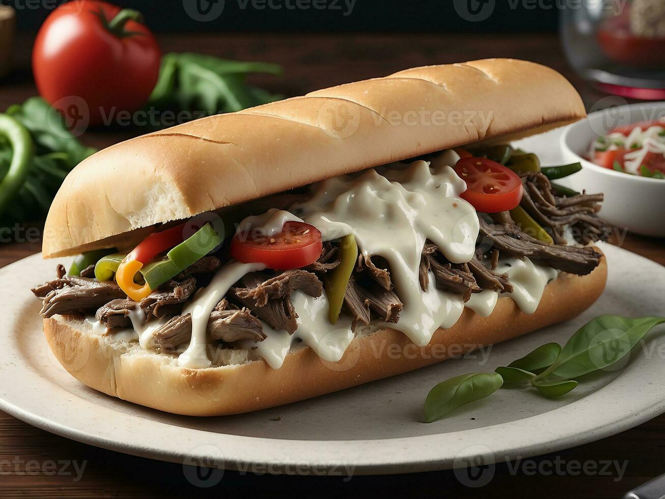 AI generated Tasty beef steak sandwich with onions, mushroom and melted provolone cheese in a ciabatta photo