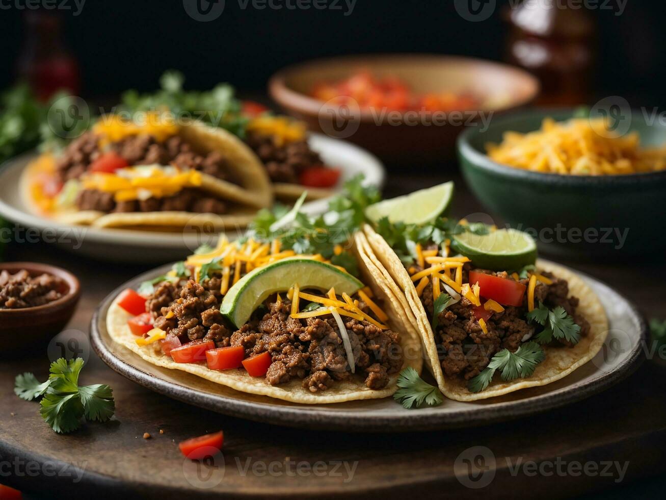 AI generated Group of hard shelled tacos with ground beef, lettuce, tomatoes and cheese close up photo