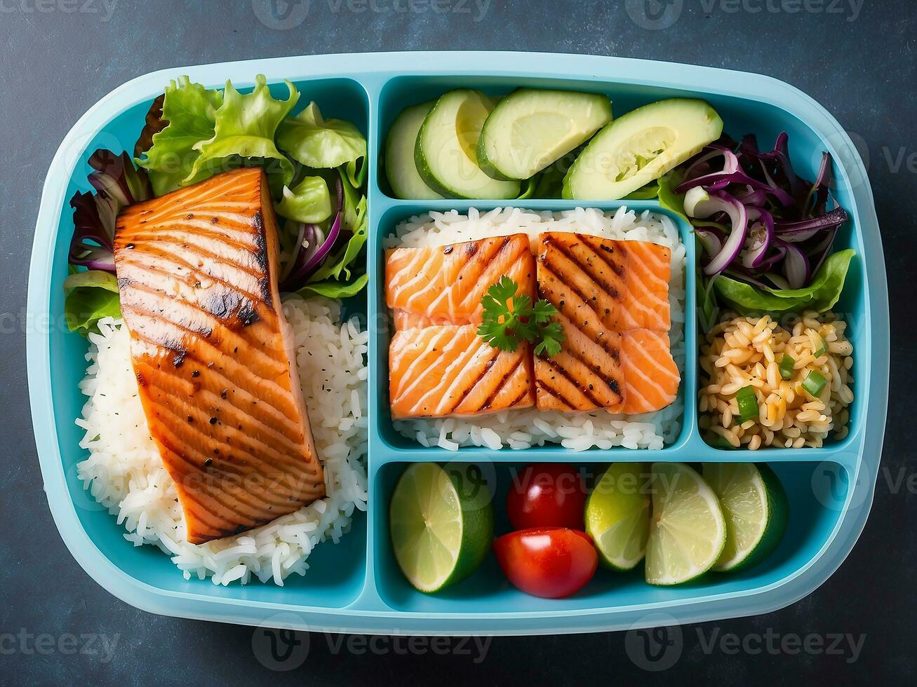 ai generado almuerzo caja contenedores con A la parrilla salmón pescado filete, arroz y ensalada foto