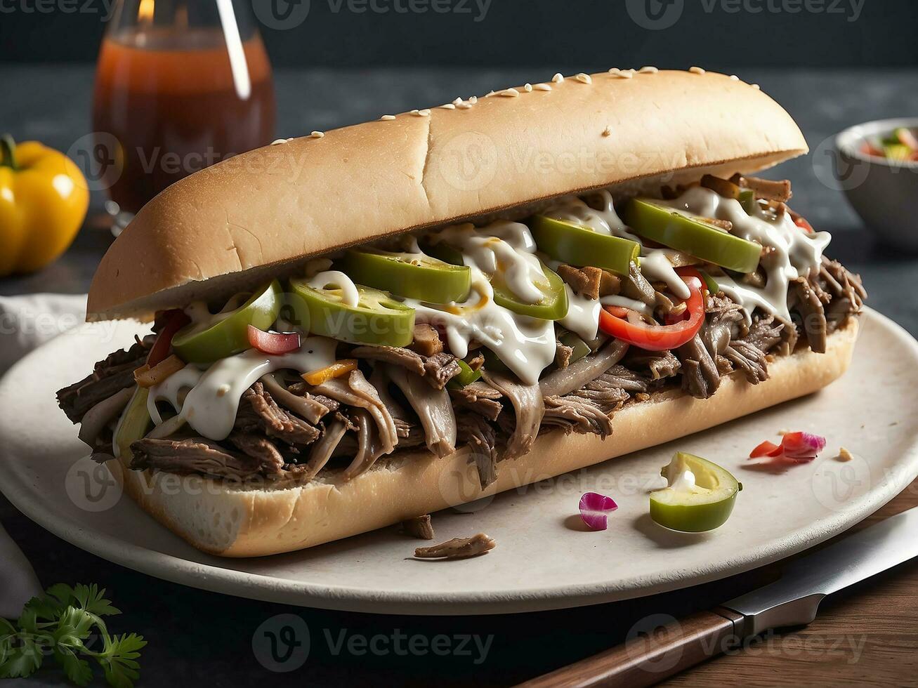 AI generated Delicious Philly cheesesteak with chopped ribeye steak with pickles green peppers onions and provolone cheese in a crisp roll. Traditional American photo