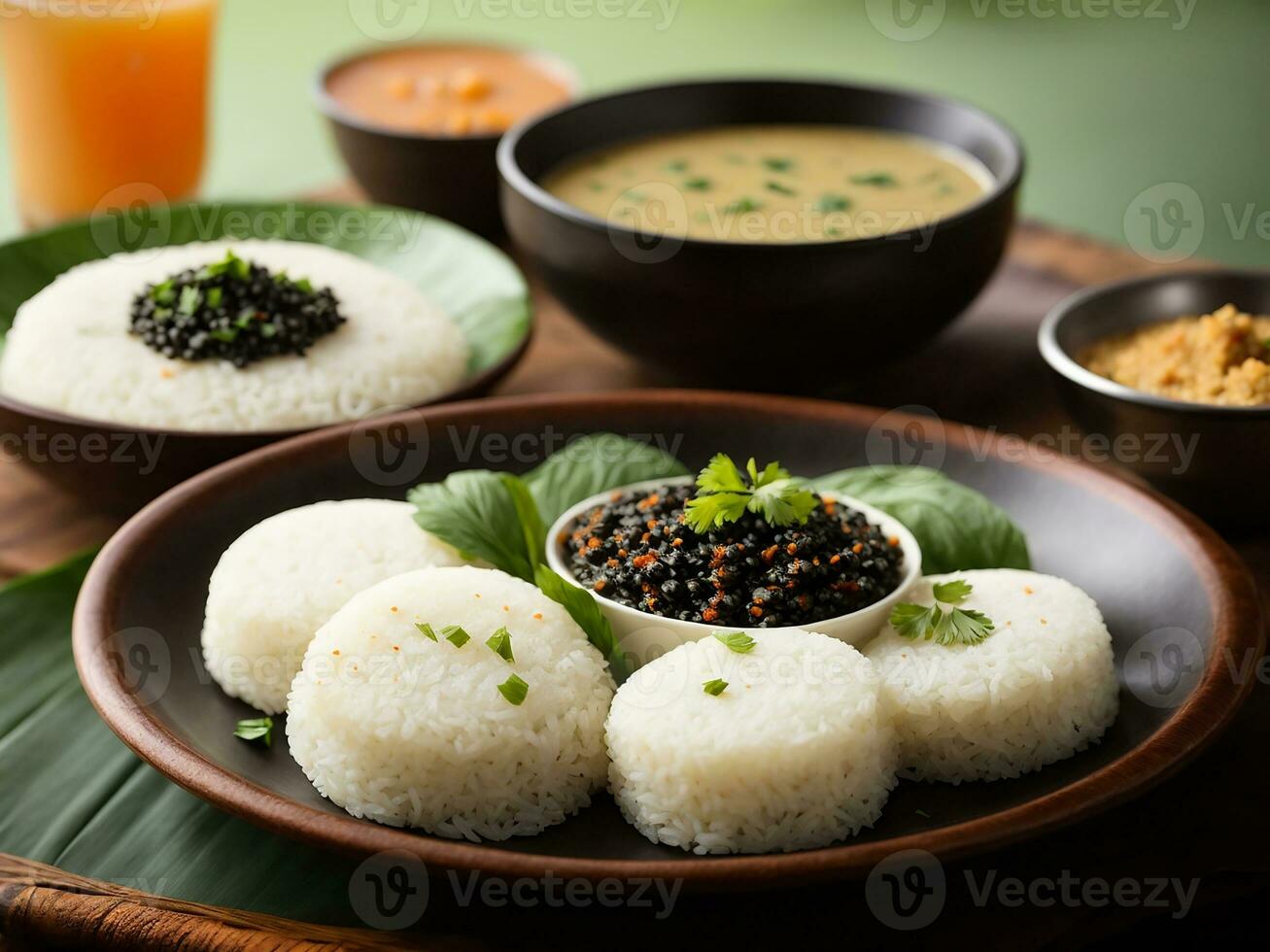 AI generated Vegetarian South Indian breakfast thali - Idli vada sambar chutney upma photo