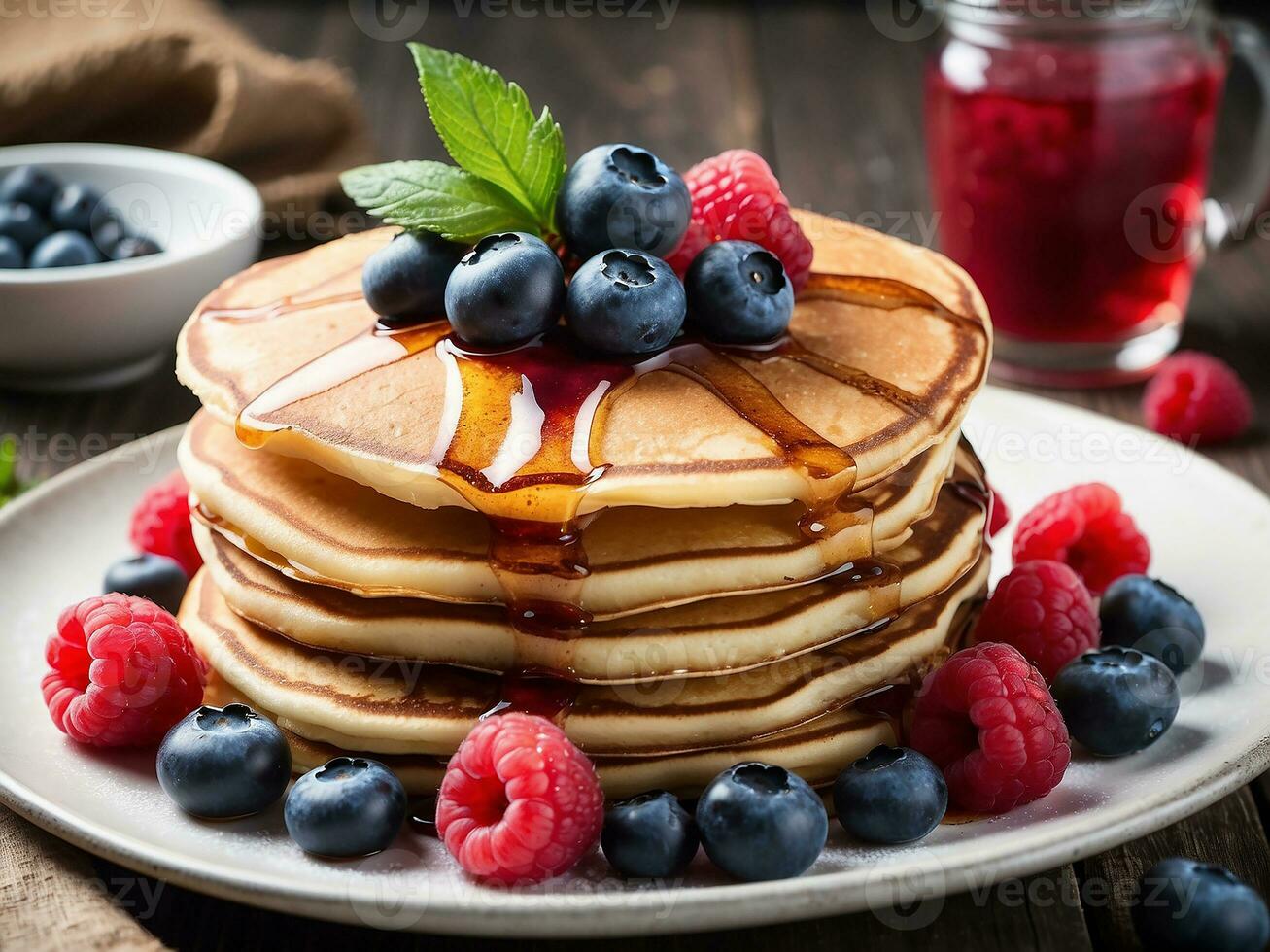 AI generated Stack of small pancakes with berries on marble board photo