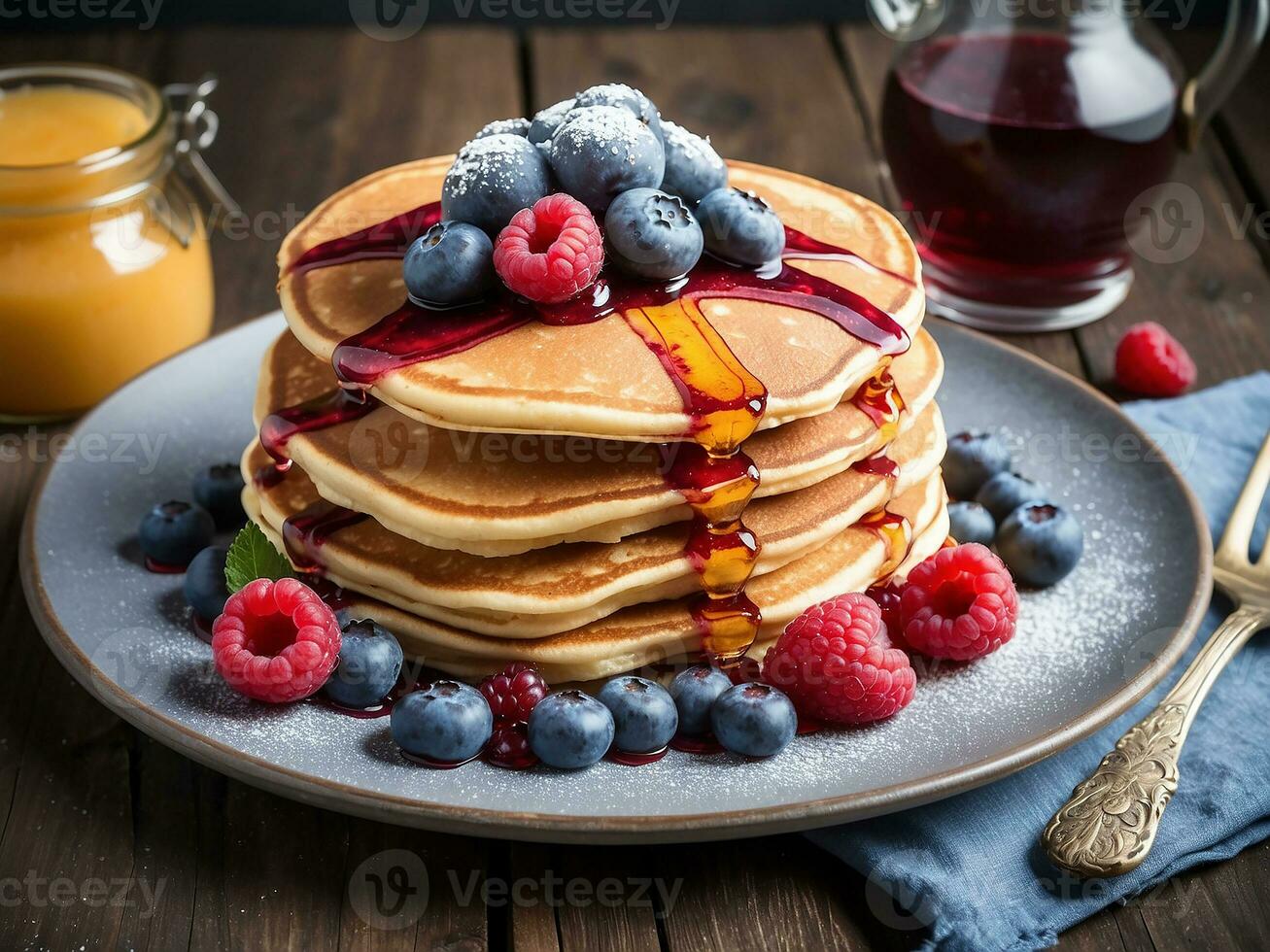 AI generated Stack of Pancakes with Maple Syrup and Fresh Blueberries photo