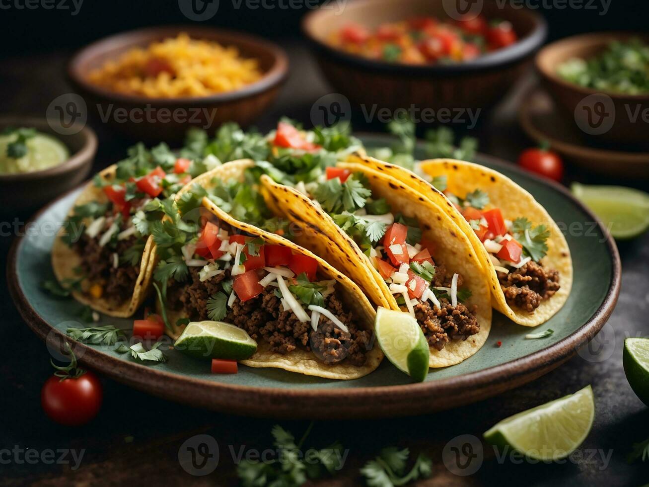 AI generated Mexican tacos with beef, tomatoes, avocado, chilli and onions isolated background. photo