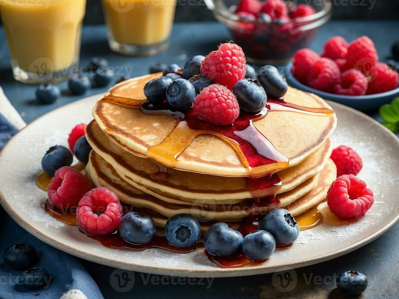 AI generated Stack of small pancakes with berries on marble board photo
