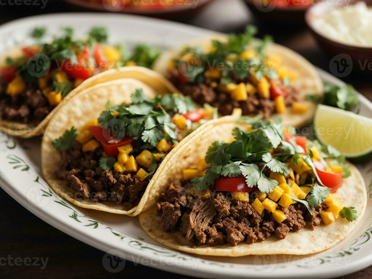 ai generado grupo de difícil sin cáscara tacos con suelo carne de res, lechuga, Tomates y queso cerca arriba foto