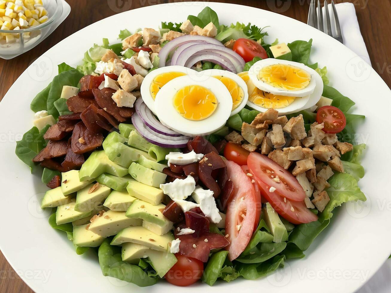 AI generated Healthy cobb salad with chicken, avocado, bacon, tomato, cheese and eggs. American food. photo