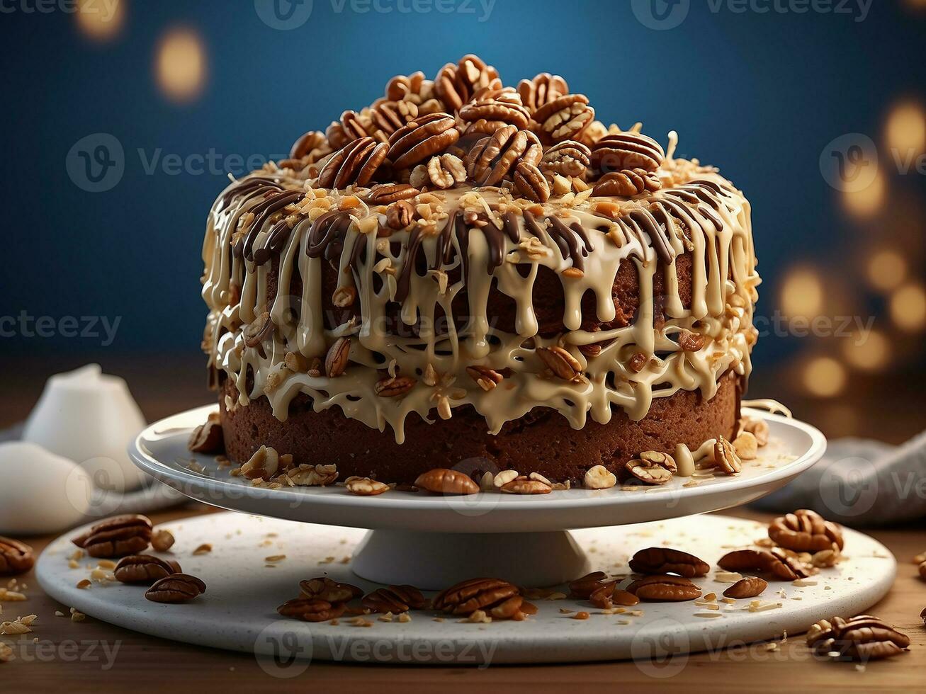 ai generado alemán chocolate pastel con Coco, pacana Crema, chocolate pastel, Coco y Cortado nueces pecanas foto