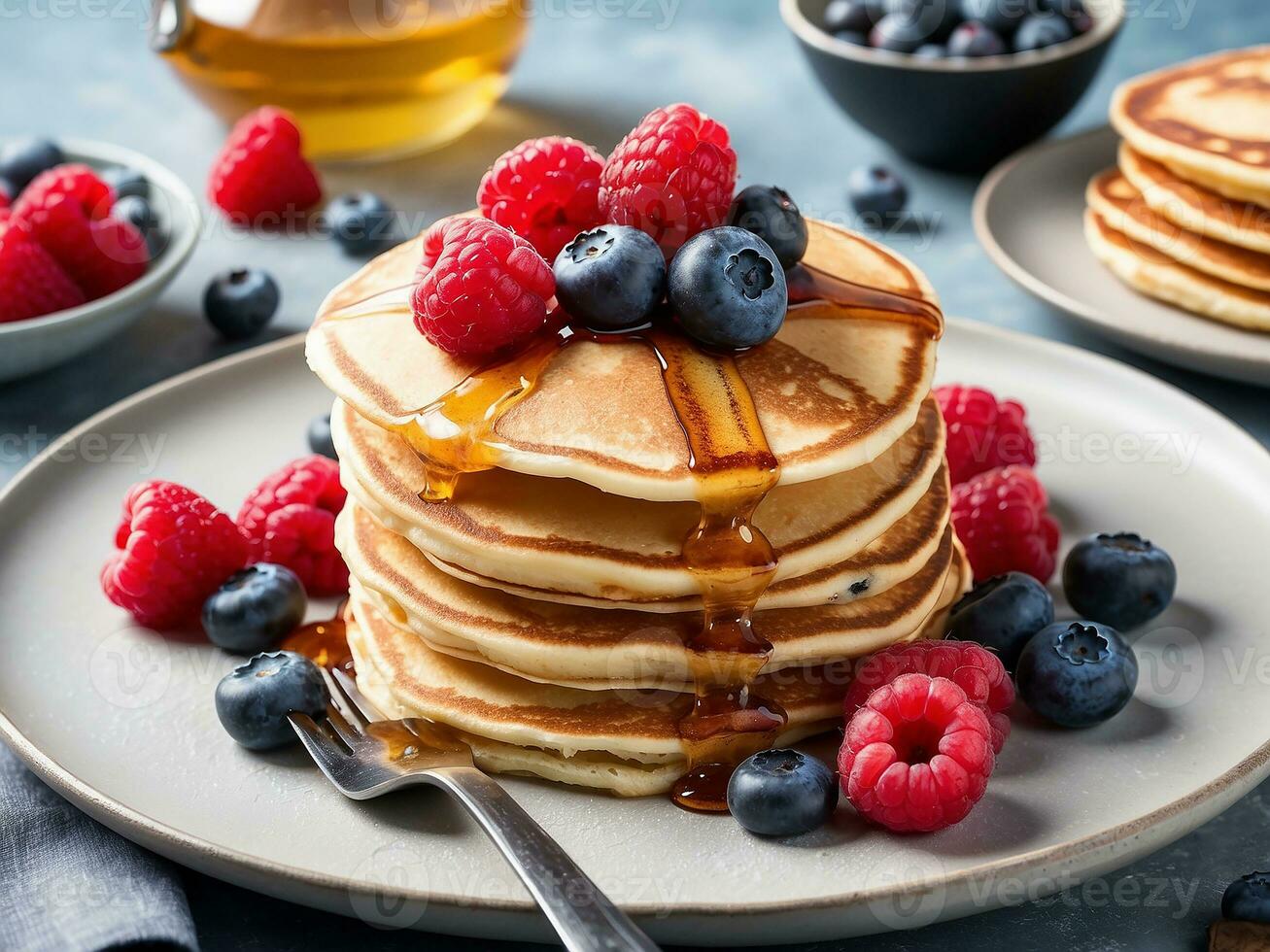 AI generated Stack of Pancakes with Maple Syrup and Fresh Blueberries photo