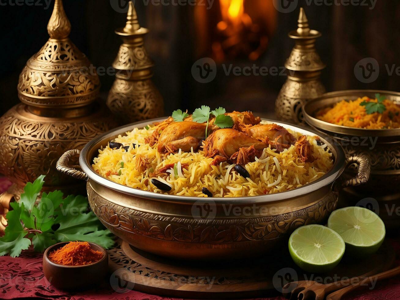 AI generated Chicken biryani , kerala style chicken dhum biriyani made using jeera rice and spices arranged in a brass serving bowl photo