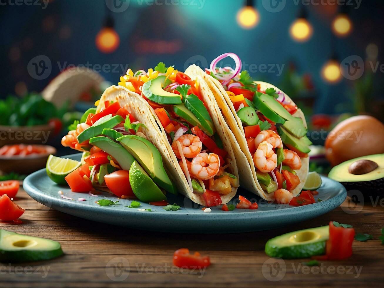 AI generated Mexican tacos with beef, vegetables and spices photo