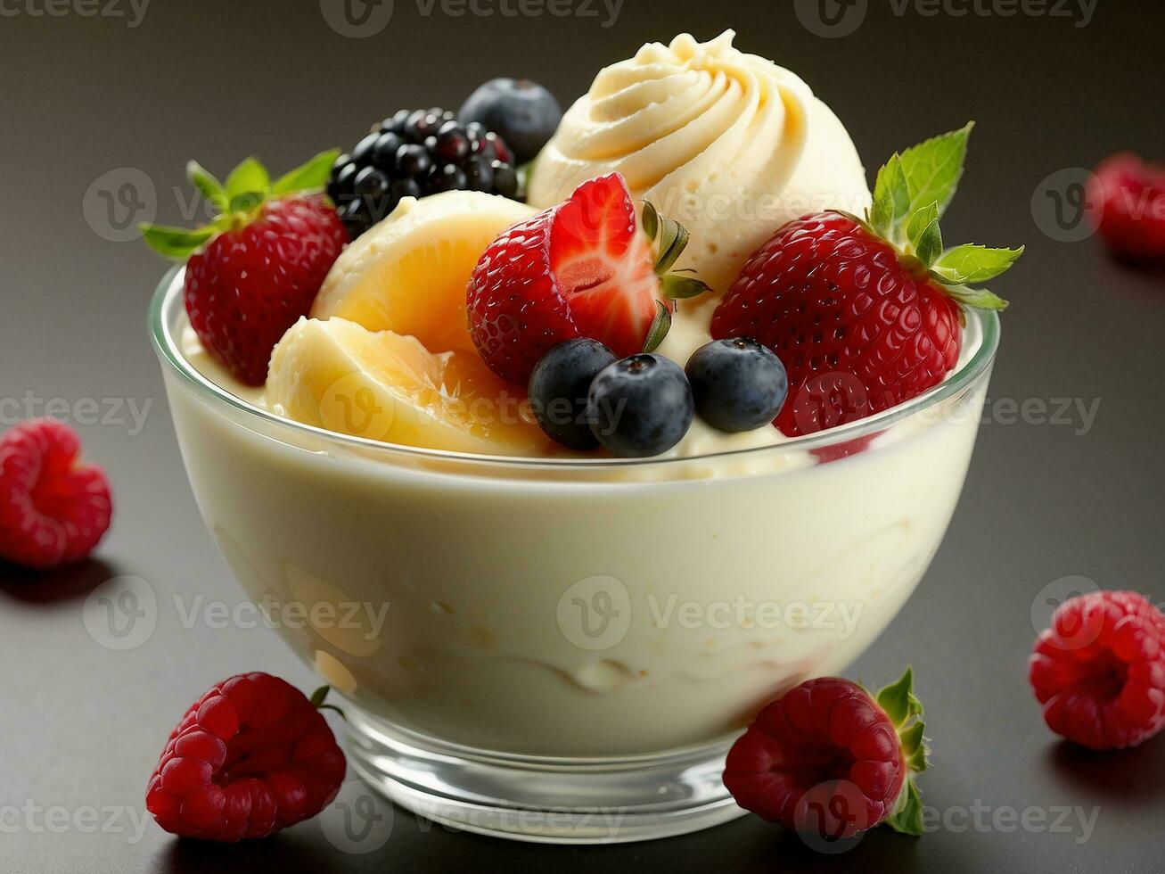 AI generated Creamy vanilla frozen yoghurt with fresh fruit photo