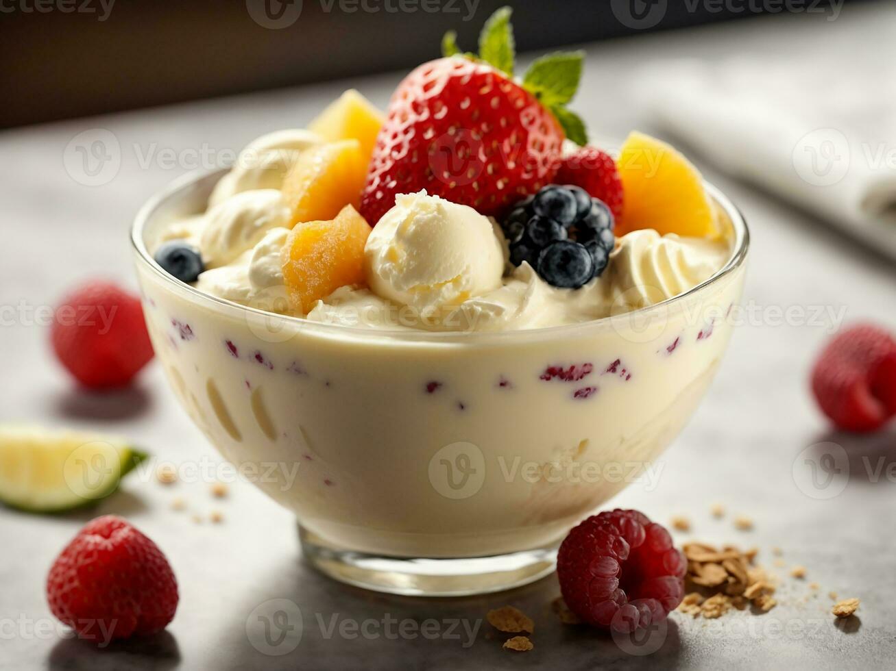 AI generated glass jar filled with homemade granola, yogurt and fresh berries served for breakfast photo
