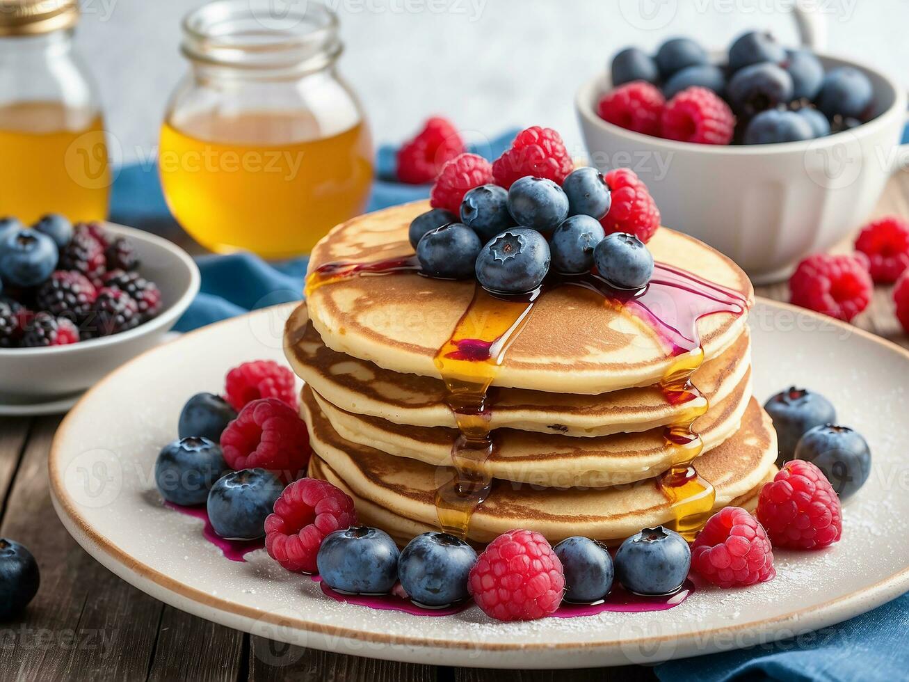 AI generated Stack of Pancakes with Maple Syrup and Fresh Blueberries photo