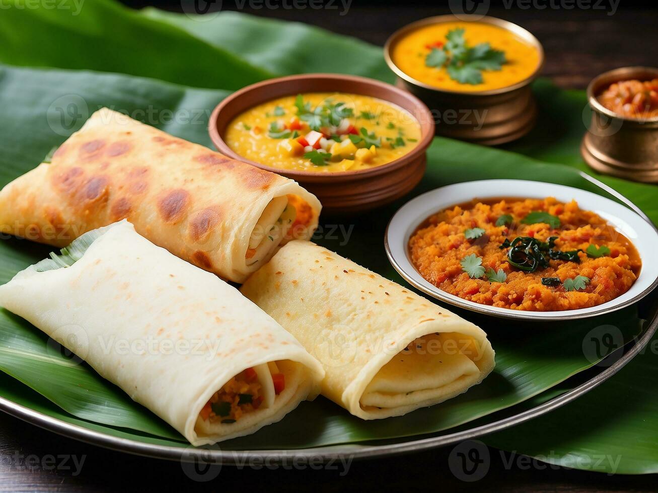 AI generated A dosa, also called dosai, dosey, or dosha, is a thin paratha in South Indian cuisine photo