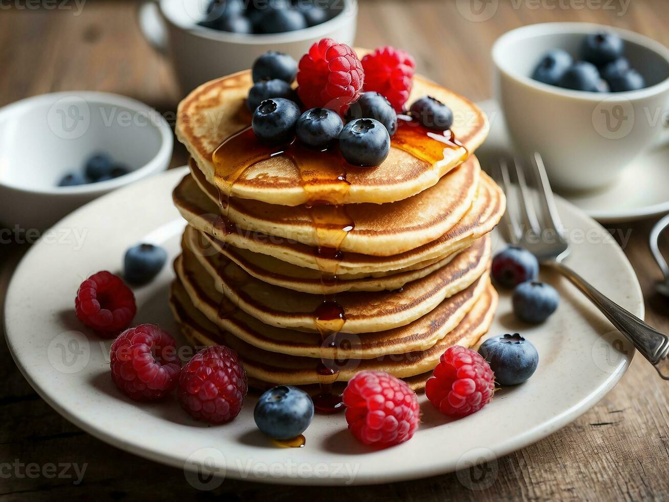 ai generado un apilar de delicioso panqueques con derritiendo mantequilla y arce jarabe, cocido a perfección, desayuno, comida foto