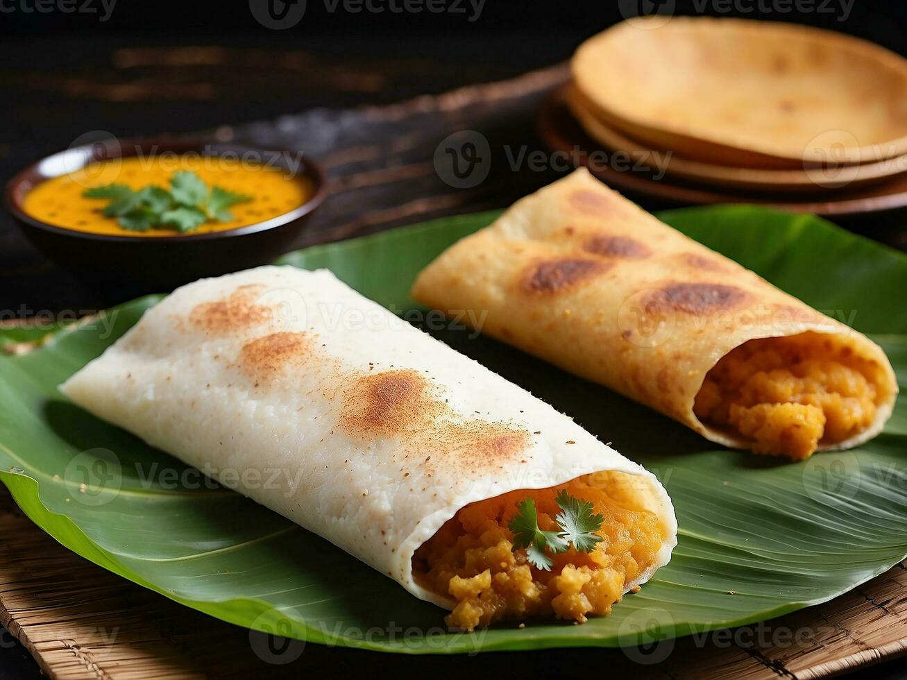 AI generated A dosa, also called dosai, dosey, or dosha, is a thin paratha in South Indian cuisine photo