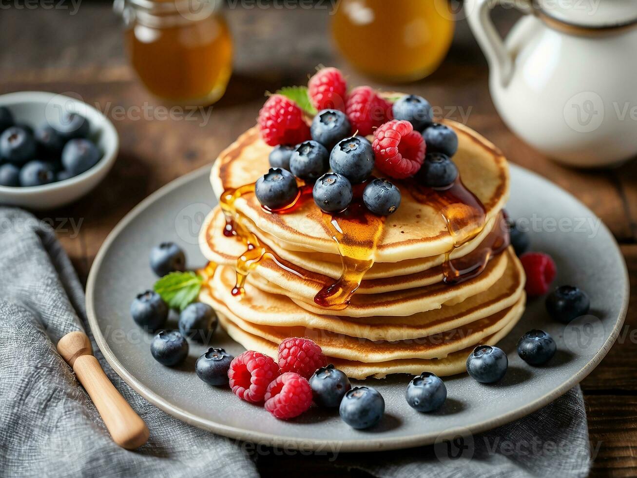 AI generated Stack of Pancakes with Maple Syrup and Fresh Blueberries photo