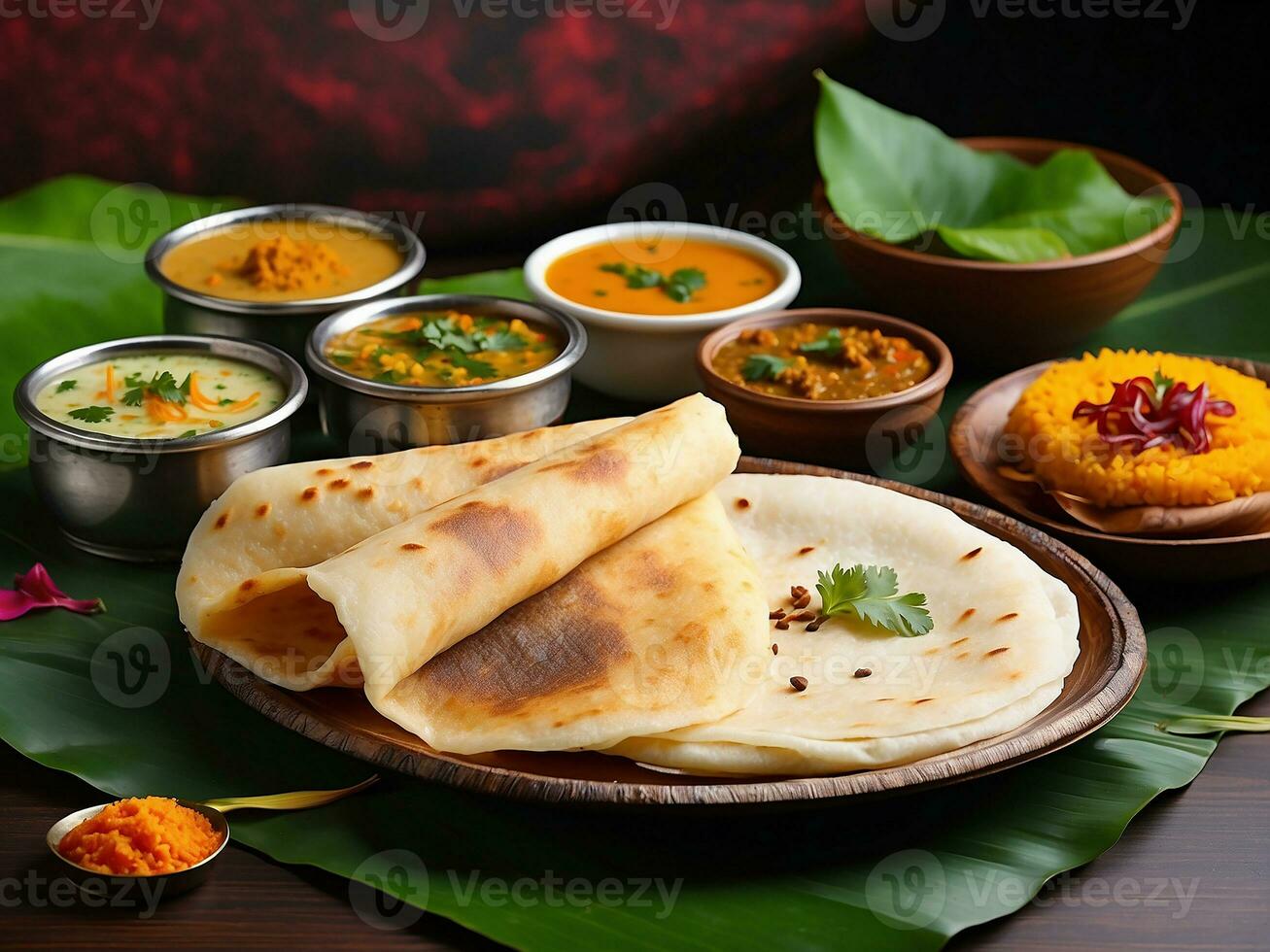 AI generated A dosa, also called dosai, dosey, or dosha, is a thin paratha in South Indian cuisine photo