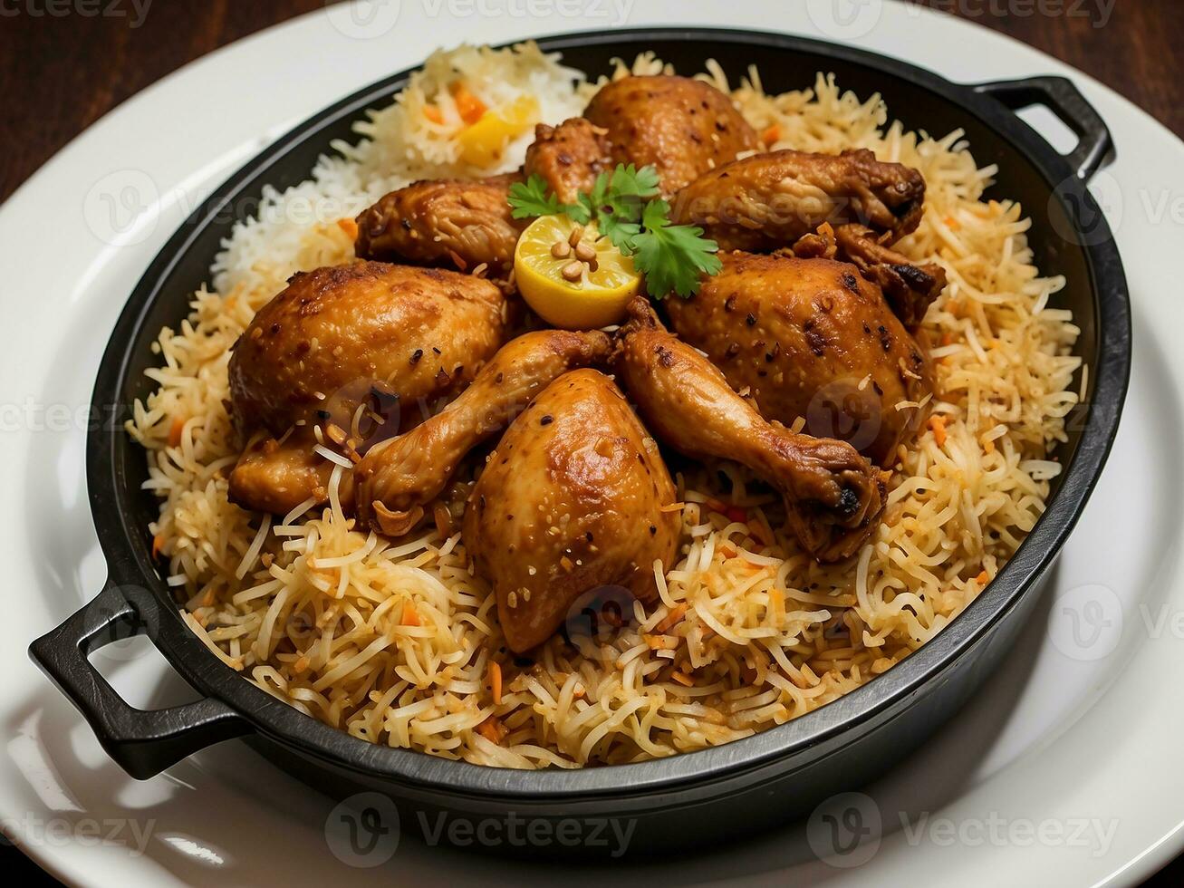 AI generated Dum Handi chicken Biryani is prepared in an earthen or clay pot called Haandi. Popular Indian non vegetarian food photo