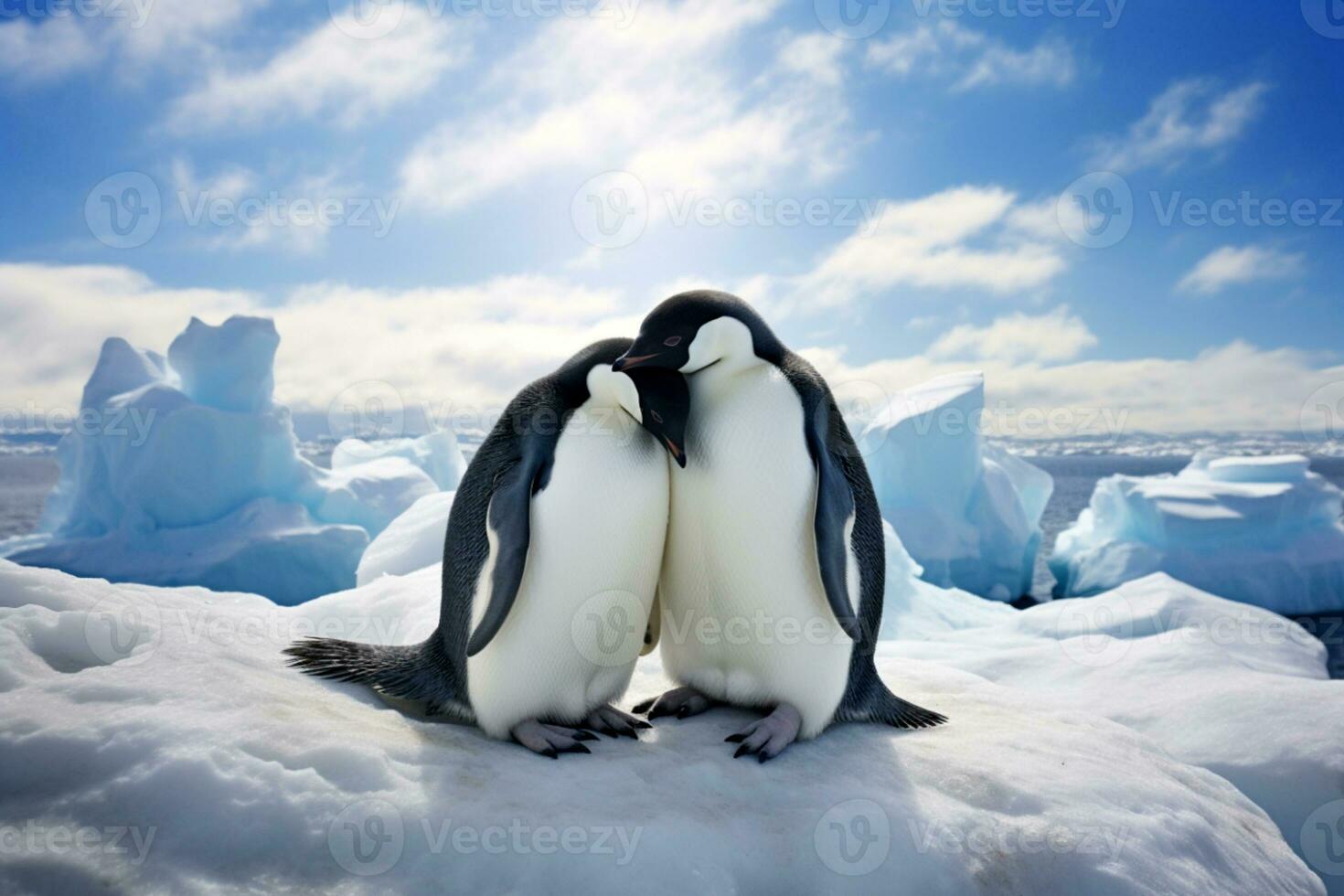 AI generated Two Penguins Embrace on Snowy Background. Tender Display Of Love, Perfect For Valentines Day and Wildlife. Crisp, High Quality Digital Image. AI Generated photo