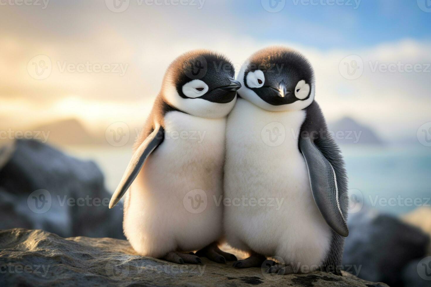 AI generated Two Emperor Penguins Embrace on Rocky Outcrop. Symbolizing Love, Care, And Support in Soft Focused Ocean Backdrop. Ideal for Wildlife  and Valentines Day Theme. AI Generated photo