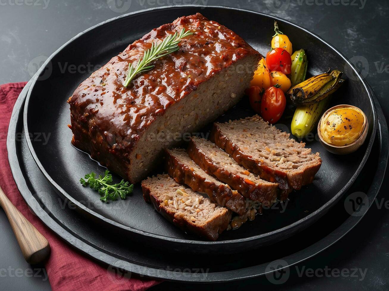 ai generado tradicional americano pastel de carne con salsa de tomate desde suelo carne de vaca con zanahorias y cebolla como de cerca moderno diseño emitir hierro bandeja foto