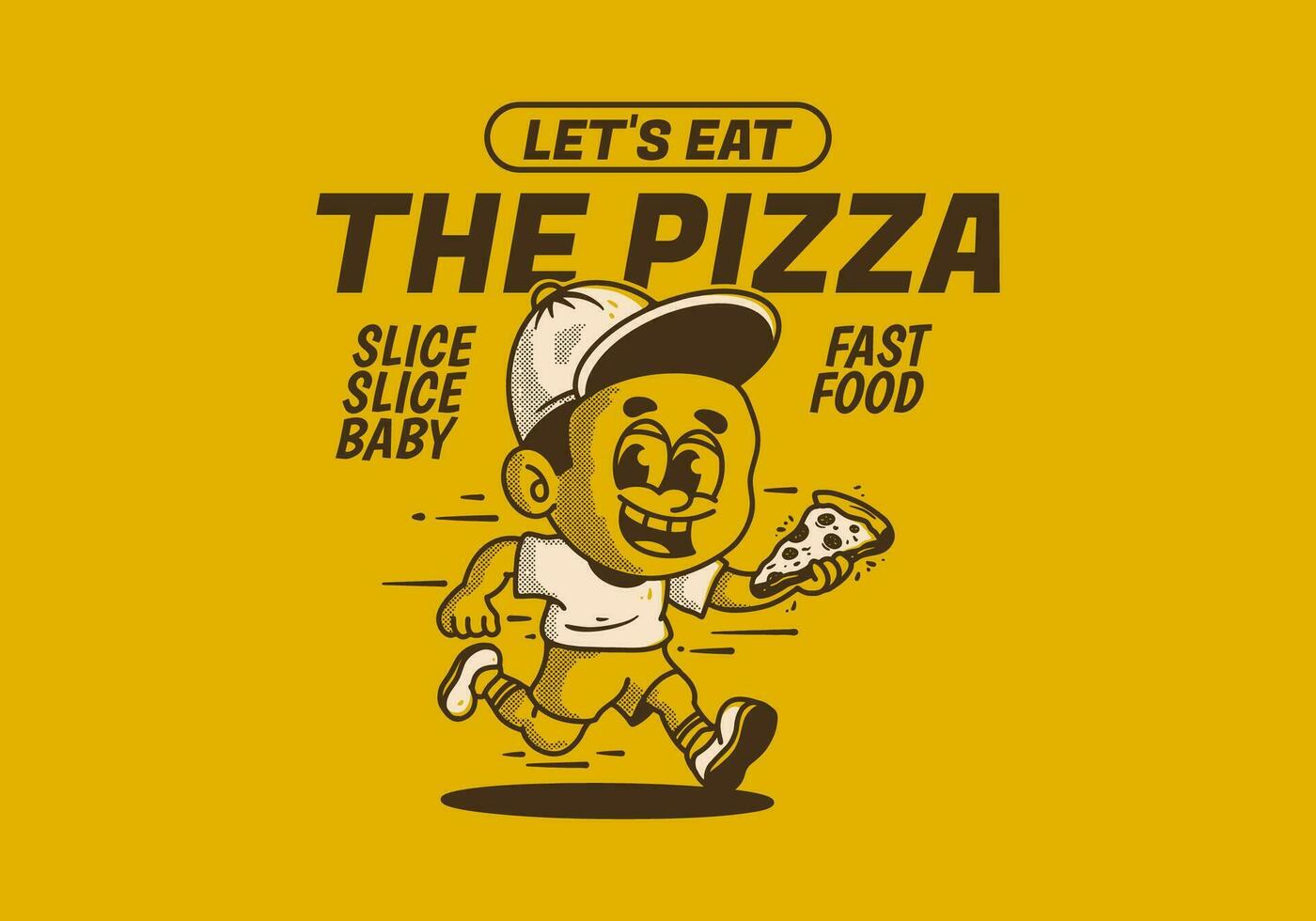 Let's eat the pizza. Boy character running and holding a slice pizza