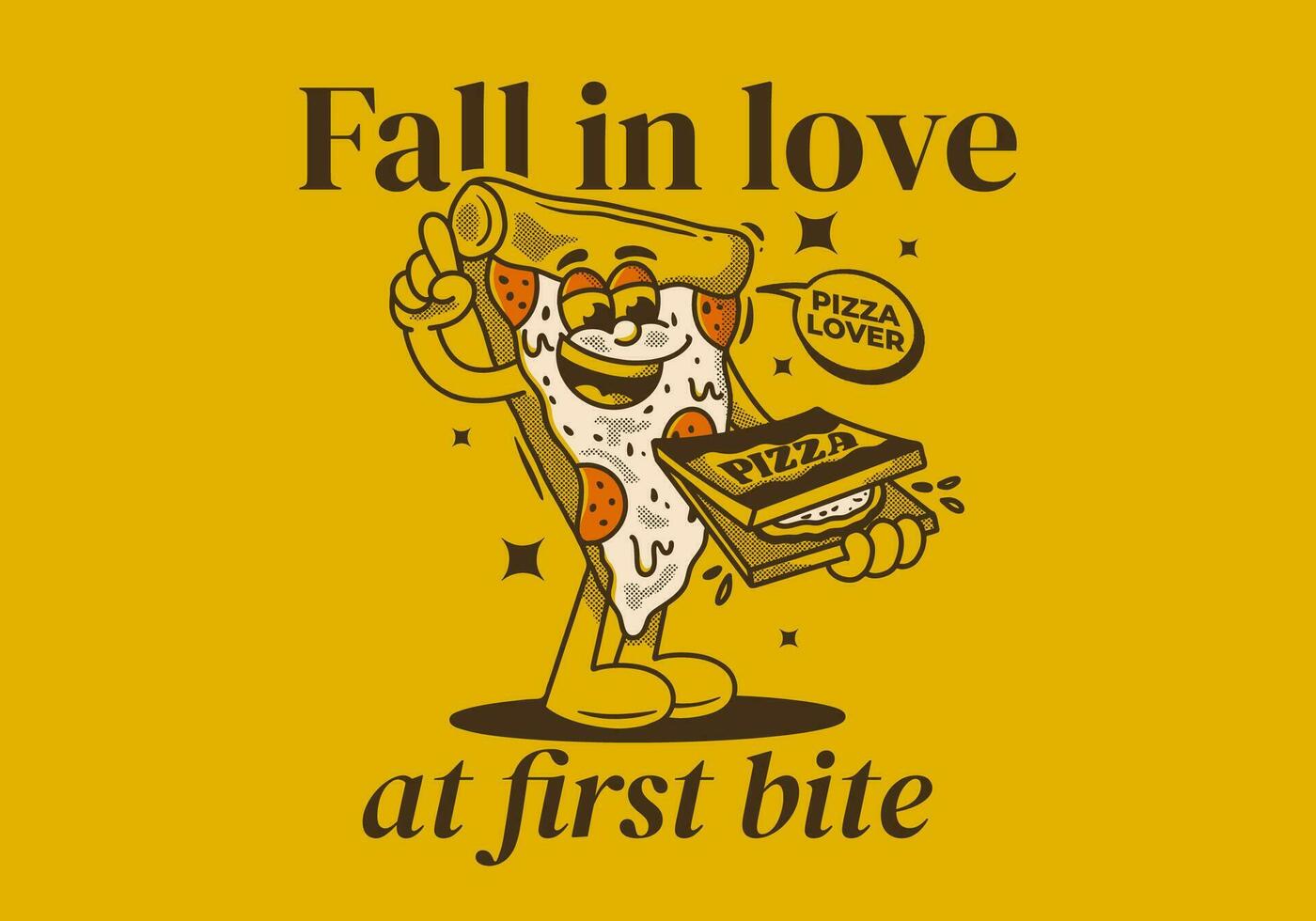 otoño en amor a primero morder. personaje de Pizza participación un caja Pizza vector