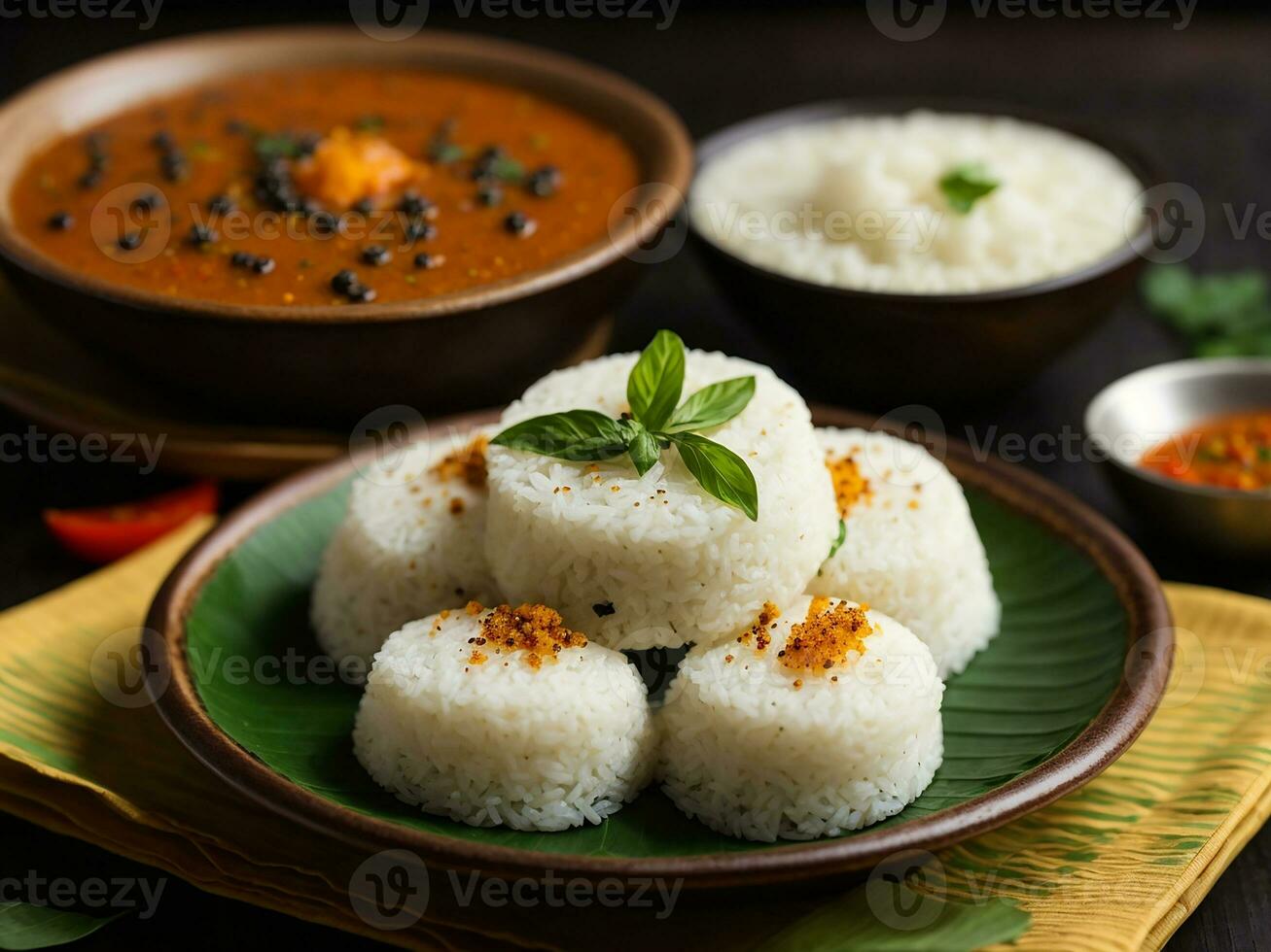 AI generated Vegetarian South Indian breakfast thali - Idli vada sambar chutney upma photo